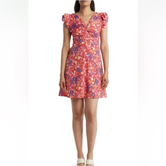 Eliza J Floral Twist Flutter Sleeve Dress Red Size 14 - Picture 1 of 9